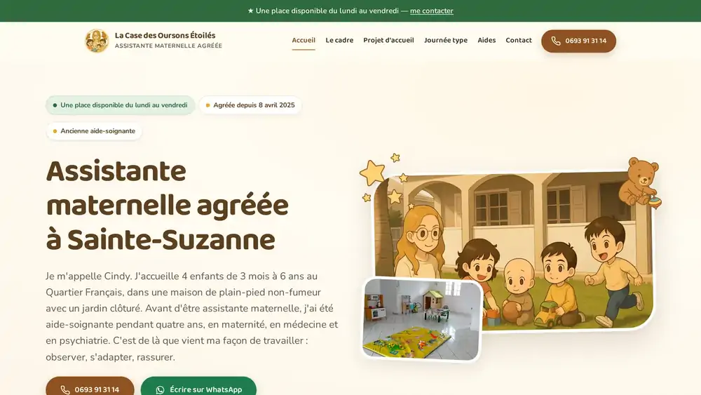 Page d'accueil du site de La Case des Oursons Étoilés, assistante maternelle agréée à Sainte-Suzanne, réalisé par Réunext